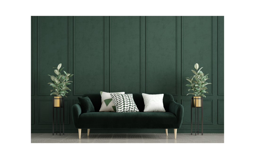 Green Sofa with pillows, against a green background